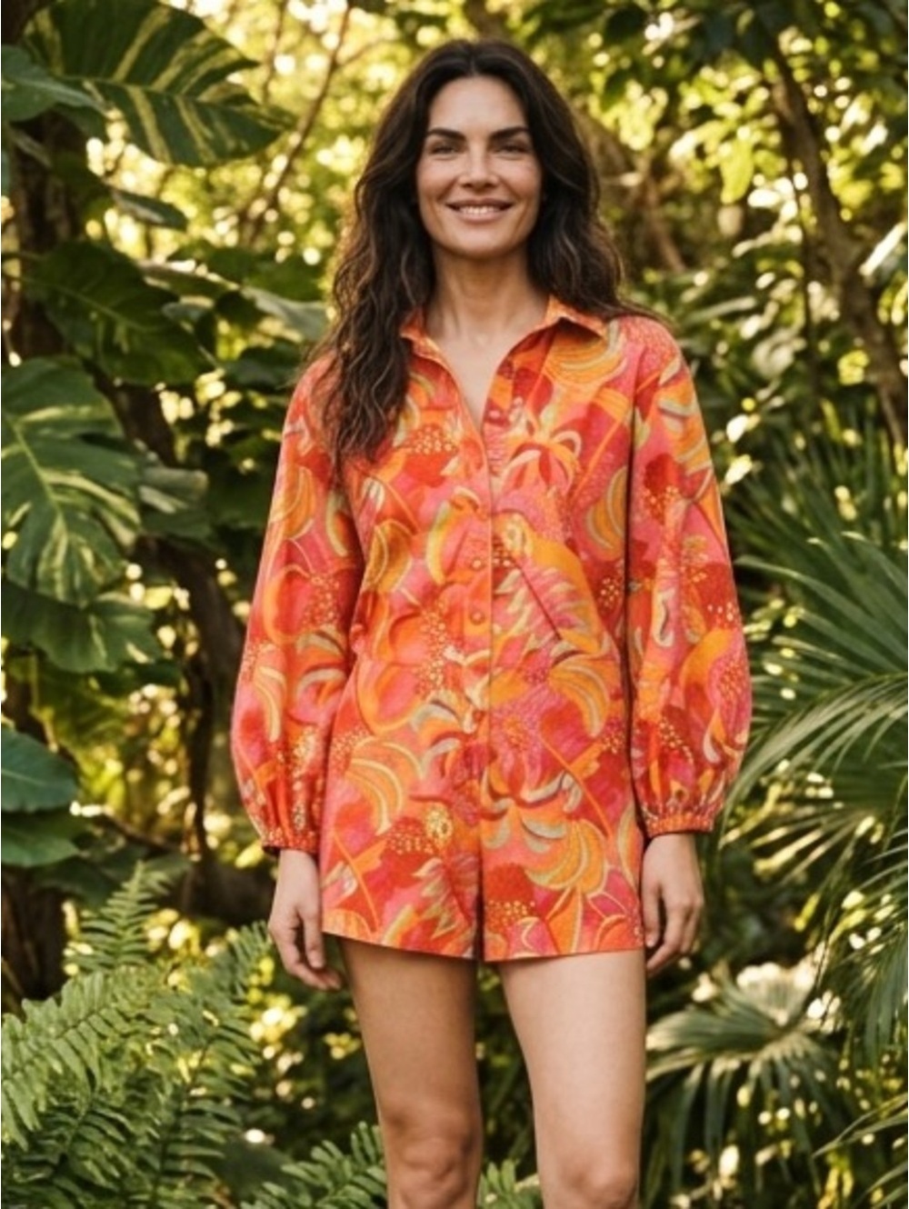 Large FARM Rio x Anthropologie Long Sleeve Printed Collared Romper